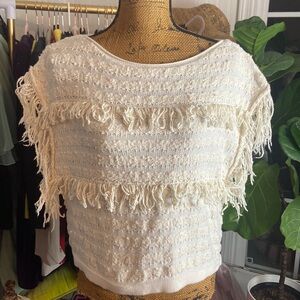 BCBG Cream Bateau Fringe Crochet Top Sz S